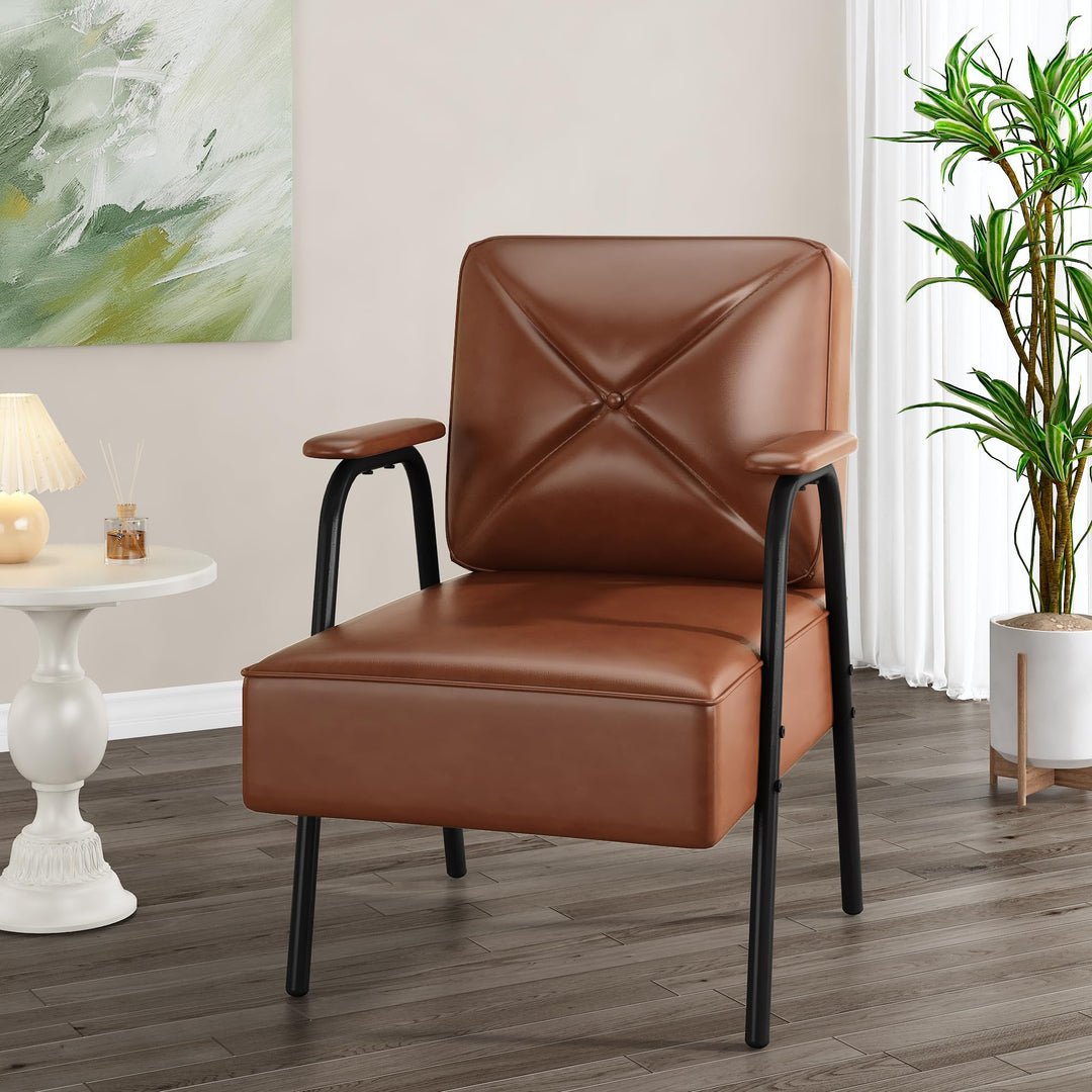 Lamerge Black Small Accent Chair Set of 2, Mid Century Modern Side Chair with Padded Armrests, Retro Faux Leather Arm Chair for Living Room, Bedroom, Office, Reception Room