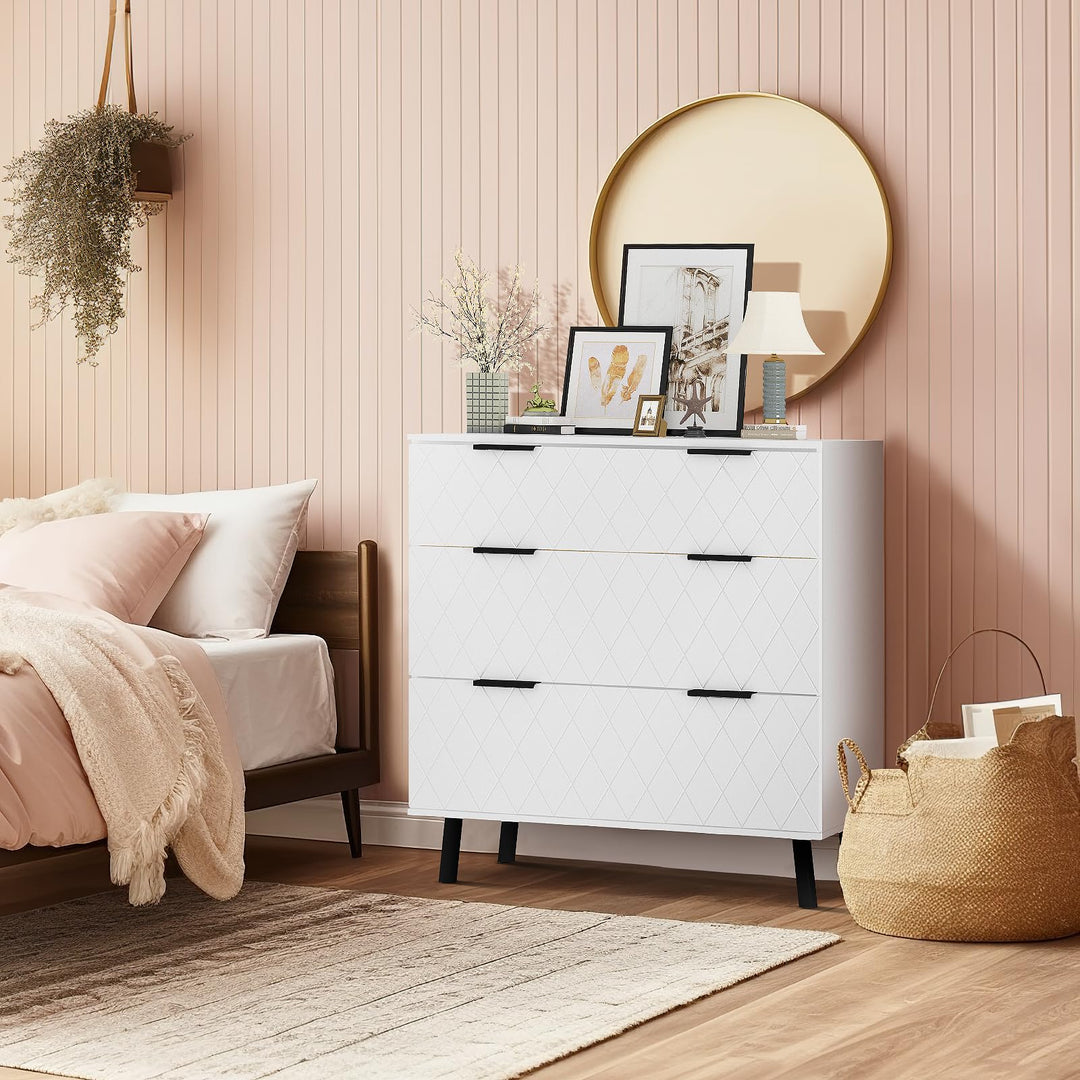 modern 3 drawer dresser white GAOMON White 3-Drawer Dresser for Bedroom with Gold Handles Modern Storage Chest with Groove Design Fluted Panel 28InWx16.9InDx30InH White in the Dressers department at Lowes.com