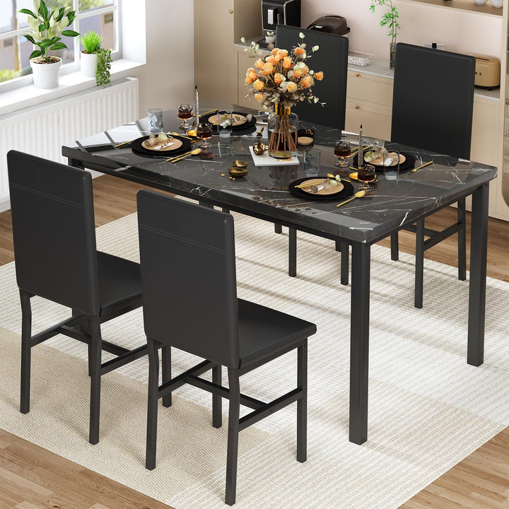 Hooseng 4-Piece Space Saving Kitchen Table with Faux Marble Top and Leather Chairs, Perfect for Small Spaces