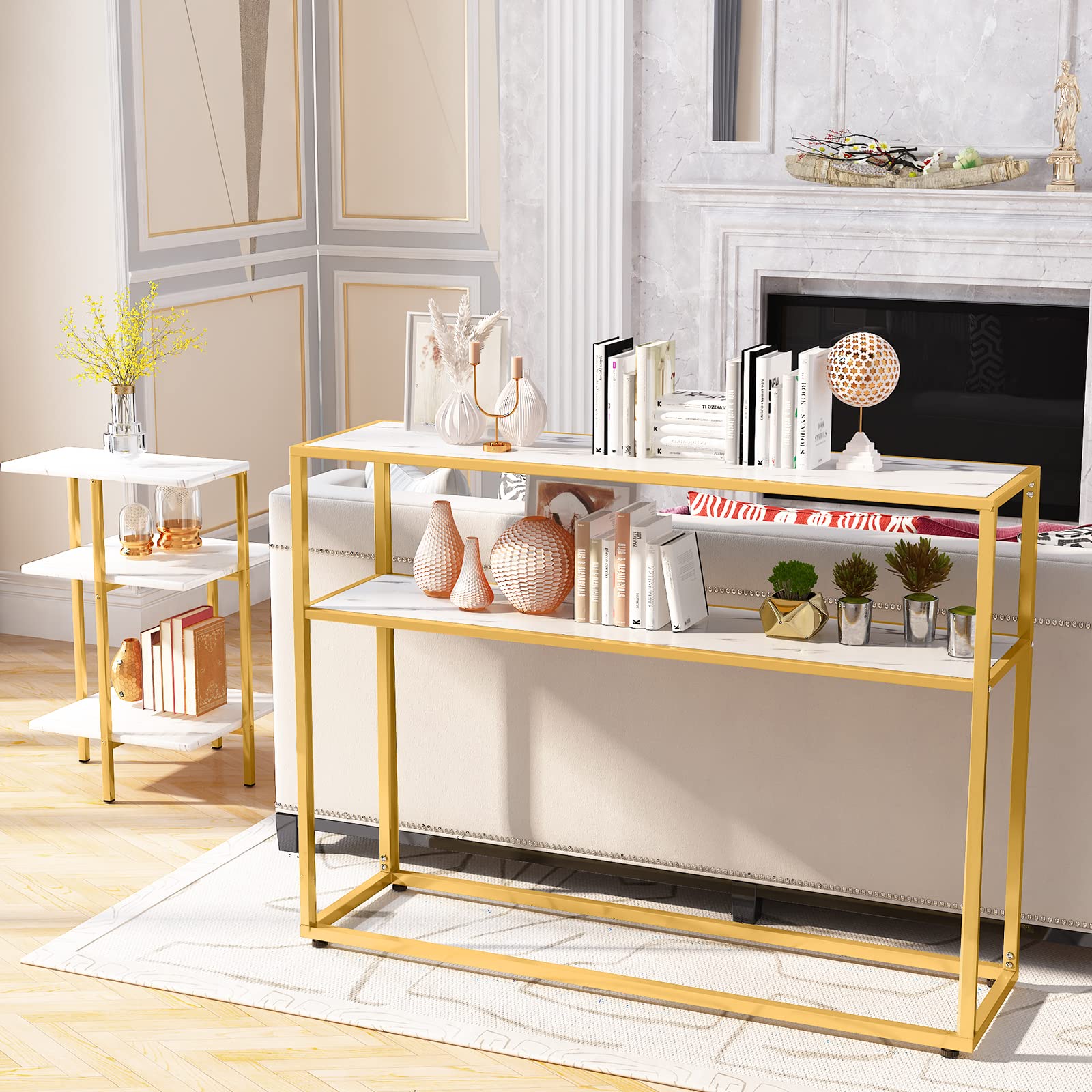 Lamerge Marble Coffee Table Set of 3 with 3 Tier End Table Console Tables 3 Piece Living Room Table Set with Metal Frame Accent Table Side Table