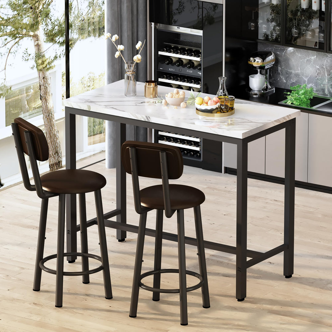 Lamerge Pub Height Set for 4,Kitchen Dining Set with 2 Bar Table Table and 4 PU Leather Stools with Backrest,Faux Marble Table Breakfast Table for Small Space,White & Black & Brown