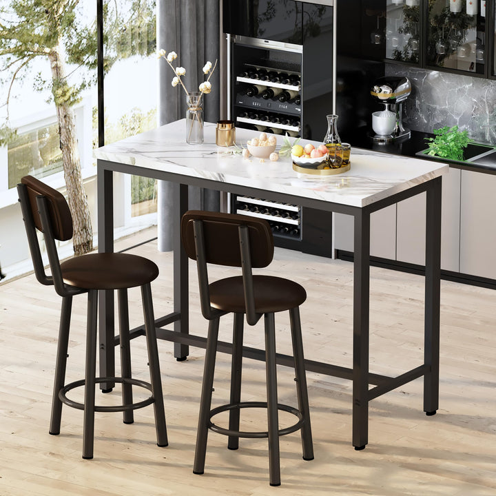 Lamerge Pub Height Set for 4,Kitchen Dining Set with 2 Bar Table Table and 4 PU Leather Stools with Backrest,Faux Marble Table Breakfast Table for Small Space,White & Black & Brown