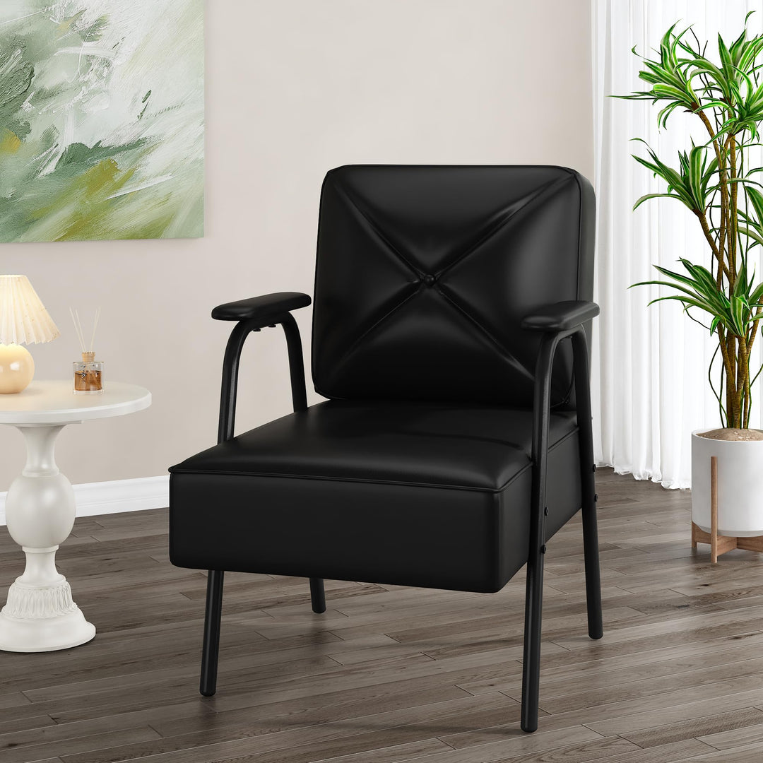 Lamerge Black Small Accent Chair Set of 2, Mid Century Modern Side Chair with Padded Armrests, Retro Faux Leather Arm Chair for Living Room, Bedroom, Office, Reception Room