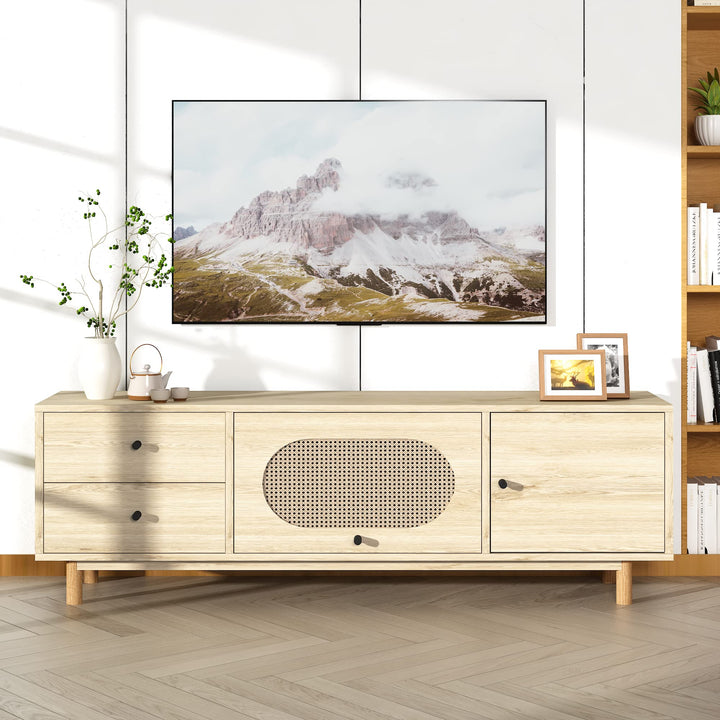 Lamerge Boho TV Stand with Rattan Door, Modern Entertainment Center for 70 Inch TV, Media Console Table with Cabinet Storage and 2 Drawers, Farmhouse TV Cabinet for Living Room, Bedroom, Oak