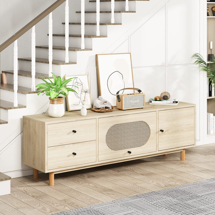 Lamerge Boho TV Stand with Rattan Door, Modern Entertainment Center for 70 Inch TV, Media Console Table with Cabinet Storage and 2 Drawers, Farmhouse TV Cabinet for Living Room, Bedroom, Oak