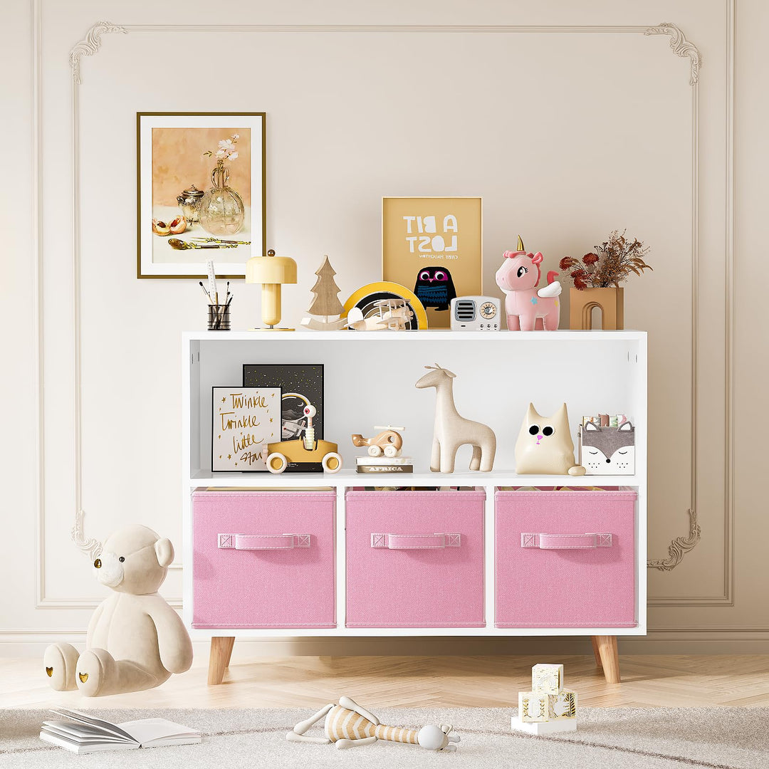 Lamerge Toy Storage Organizer with 3 Drawers, Multi-Functional Children Bookcase, Kids Bookshelf for Nursery, Playroom and Bedroom, Pink
