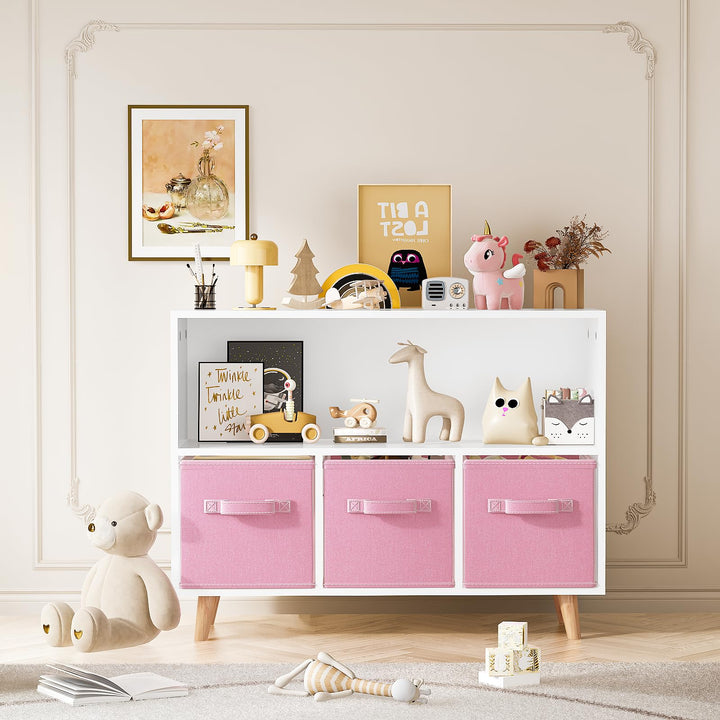 Lamerge Toy Storage Organizer with 3 Drawers, Multi-Functional Children Bookcase, Kids Bookshelf for Nursery, Playroom and Bedroom, Pink