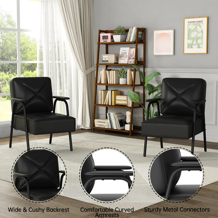 Lamerge Black Small Accent Chair Set of 2, Mid Century Modern Side Chair with Padded Armrests, Retro Faux Leather Arm Chair for Living Room, Bedroom, Office, Reception Room