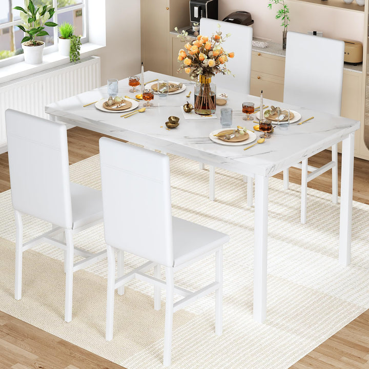 Hooseng Dining Table Set for 4 with Faux Marble Top and Upholstered Velvet Chairs