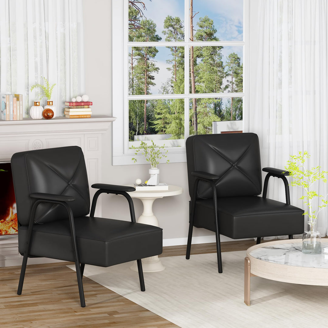 Lamerge Black Small Accent Chair Set of 2, Mid Century Modern Side Chair with Padded Armrests, Retro Faux Leather Arm Chair for Living Room, Bedroom, Office, Reception Room