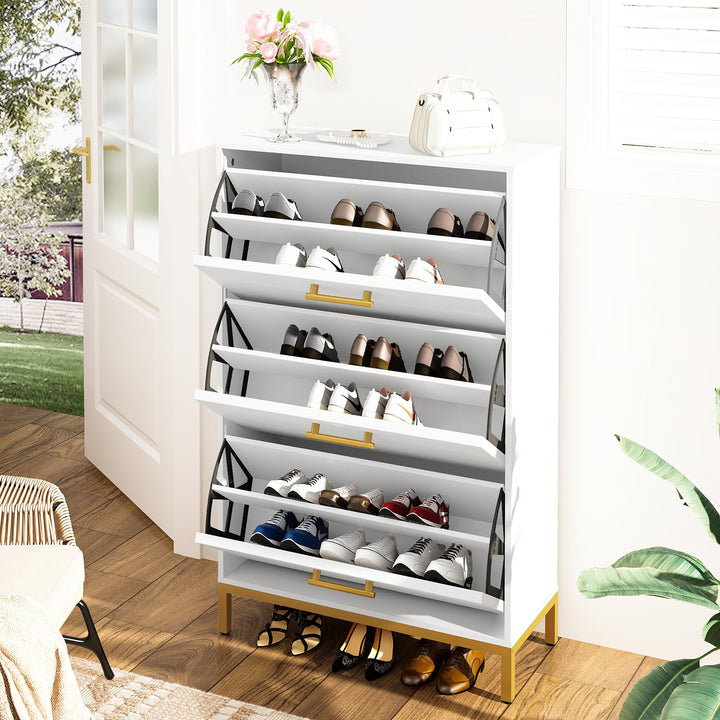 Hooseng Shoe Cabinet, Free Standing Shoe Rack Organizer with 3 Rattan Flip Drawers, Narrow Slim Hidden Shoe Storage Cabinet for Entryway, Hallway, 18 Pairs of Shoes, Heels, Boots, Slippers, Natural