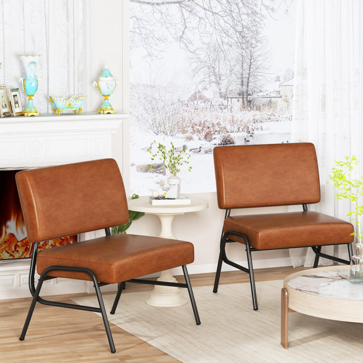 Lamerge Faux Leather Accent Chair Set of 2,Mid Century Modern Armless Accent Chair with Metal Legs & Soft Padded,Living Room Chairs Set of 2,Reading Chair for Bedroom/Office,Brown