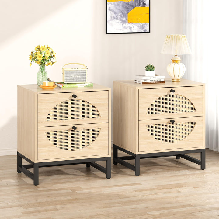Lamerge Rattan Nightstands Set of 2, Boho Night Stands with Drawers & Metal Leg,Wood Bed Side Tables End Table for Bedroom, Living Room-Beige