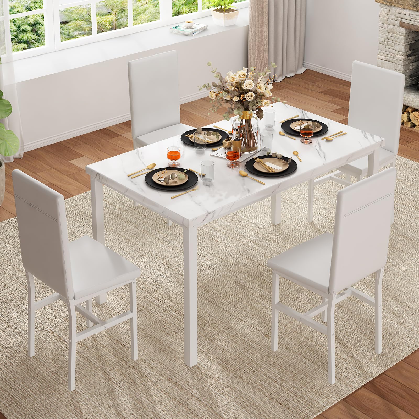 Hooseng Dining Table Set for 4 with Faux Marble Top and