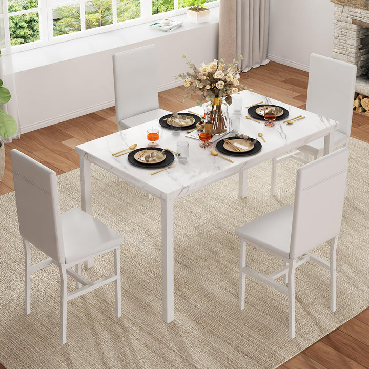 Hooseng Dining Table Set for 4 with Faux Marble Top and Upholstered Velvet Chairs