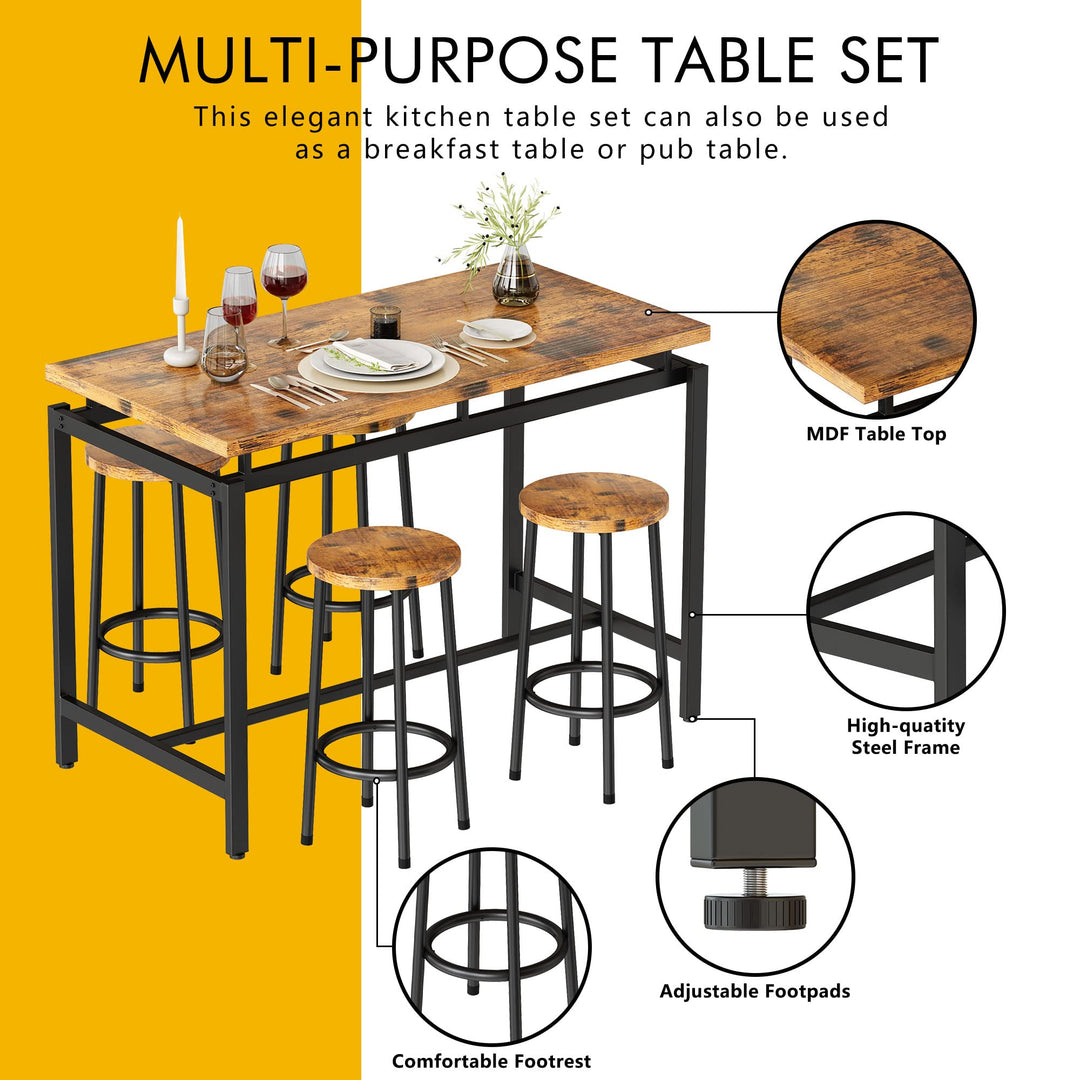 Hooseng 5 Pcs Dining Table Set, Industrial Kitchen Table and Chairs for 4, Bar Table Set Height for 35.4'', Counter Height Table with 4 Stools for Home Kitchen,Breakfast Nook,Restaurant,Pub