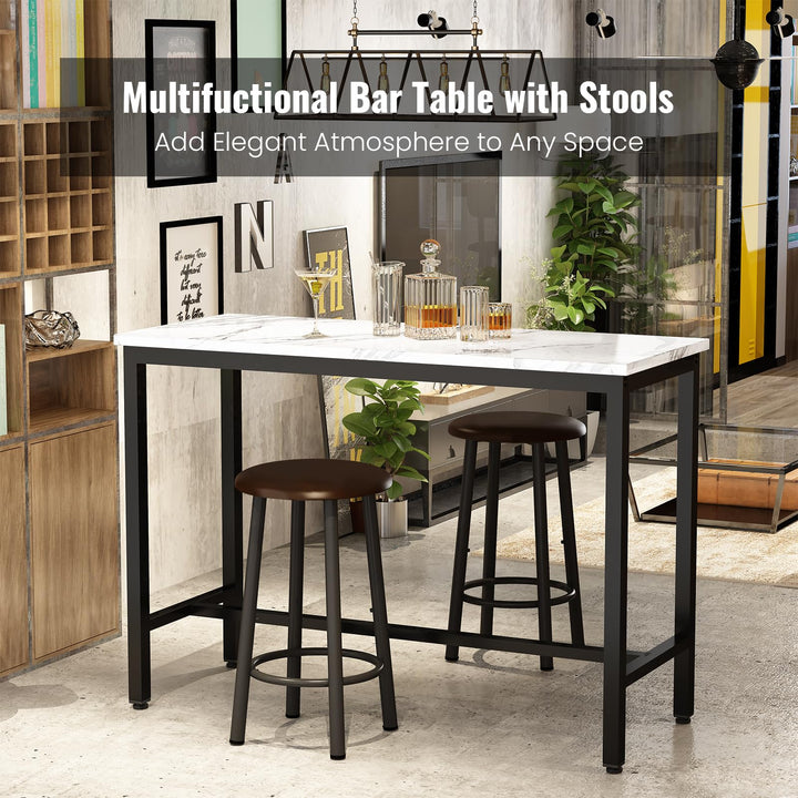 Lamerge Pub Height Set for 4,Kitchen Dining Set with 2 Bar Table Table and 4 PU Leather Stools with Backrest,Faux Marble Table Breakfast Table for Small Space,White & Black & Brown