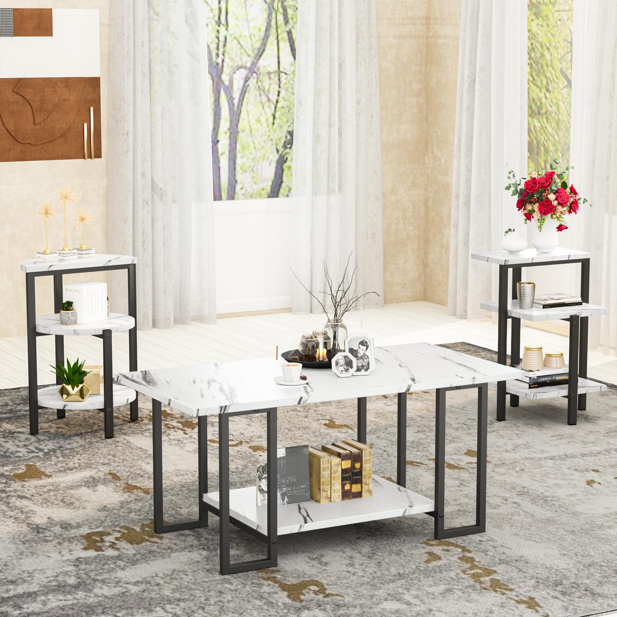 3-Piece Faux Marble Coffee Table Set with 2 End Table | AWQM