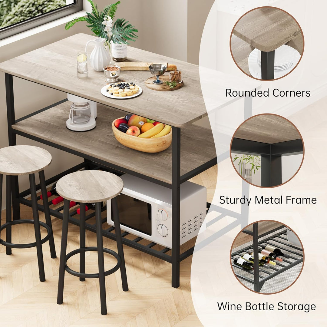 Lamerge Kitchen Island Table Set, 3 Piece Kitchen Island with Seating and Storage, Dining Table and Chairs Set for 2 with 3 Shelves, Wooden Height Counter Bar Table Set for Small Space, Grey
