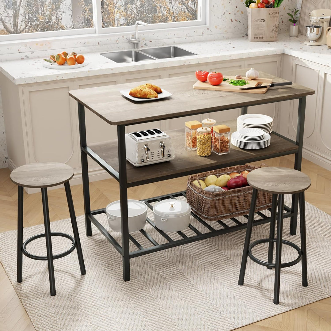 Lamerge Kitchen Island Table Set, 3 Piece Kitchen Island with Seating and Storage, Dining Table and Chairs Set for 2 with 3 Shelves, Wooden Height Counter Bar Table Set for Small Space, Grey