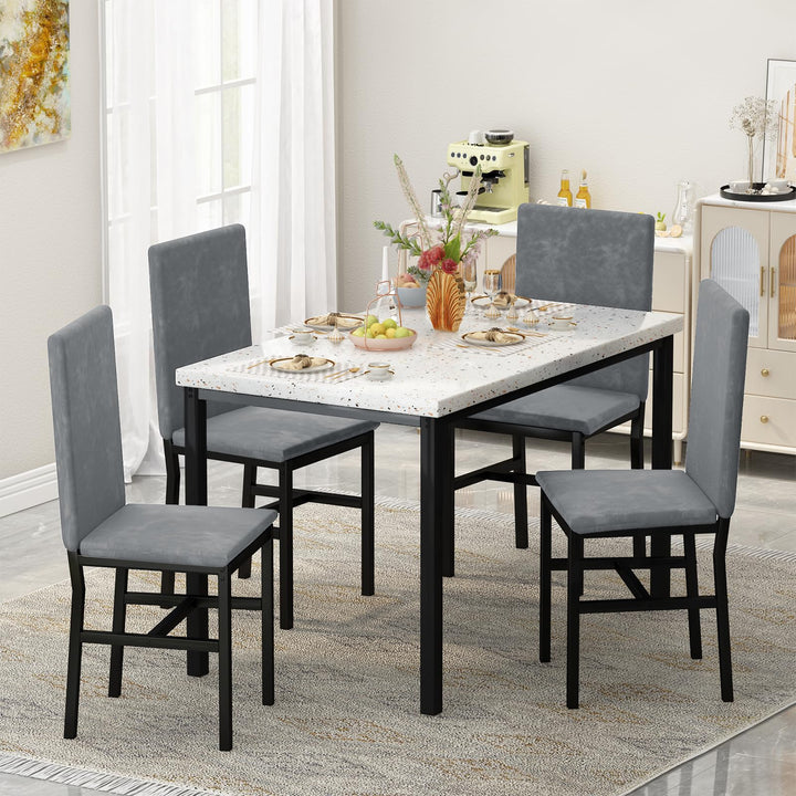 Hooseng 4-Piece Modern Kitchen Table with Faux Marble Top and Blue Velvet Chairs, Perfect for Small Spaces