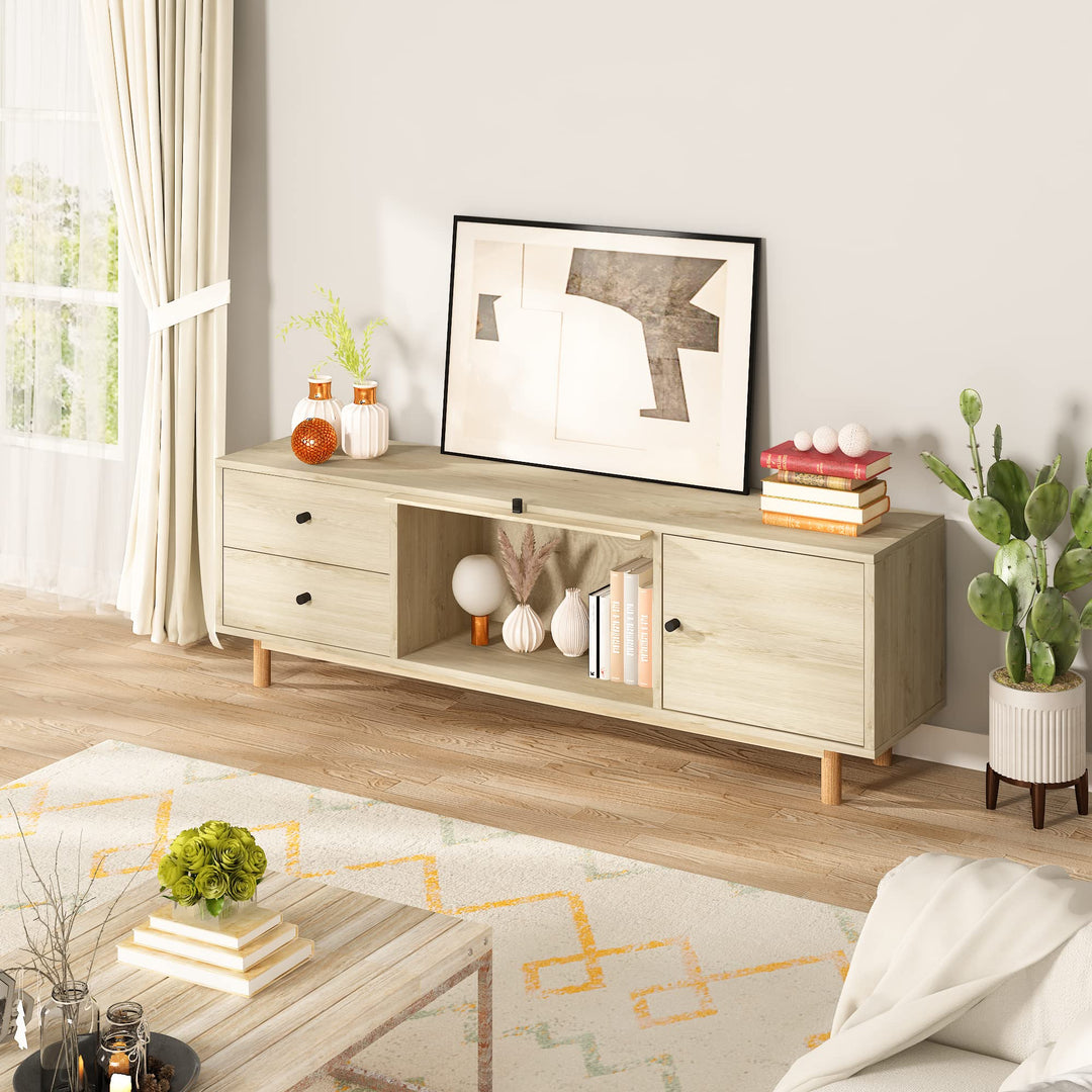 Lamerge Boho TV Stand with Rattan Door, Modern Entertainment Center for 70 Inch TV, Media Console Table with Cabinet Storage and 2 Drawers, Farmhouse TV Cabinet for Living Room, Bedroom, Oak
