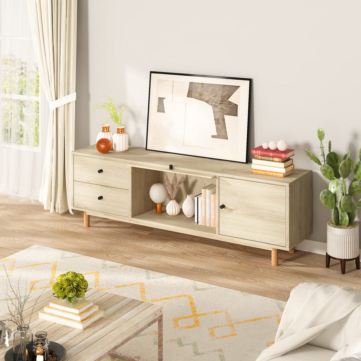 Lamerge Boho TV Stand with Rattan Door, Modern Entertainment Center for 70 Inch TV, Media Console Table with Cabinet Storage and 2 Drawers, Farmhouse TV Cabinet for Living Room, Bedroom, Oak