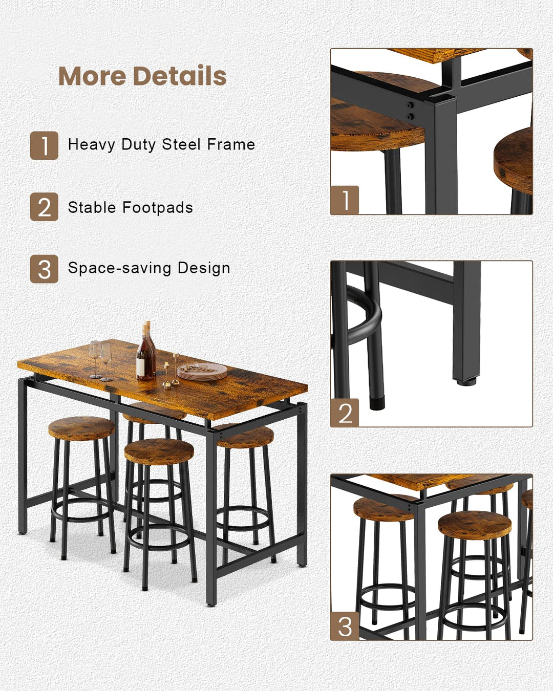 Lamerge Counter Height Dining Table & Chairs Set for 4,5 Piece Bar Table Set,Wood Kitchen Table & 4 Bar Stools for Small Spaces,Apartment, Pub,Dining Room,Rustic Brown, LCHD-RB