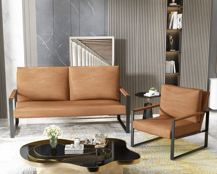 Lamerge Mid-Century Retro Modern Living Room Sofa Set with Loveseat and Seating Sofa Chair, Upholstered Couch and Accent Chair with Armrest, Living Room Set for Small Space, APT, Office (Orange)
