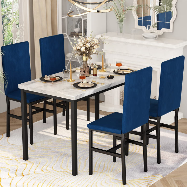 Hooseng 4-Piece Modern Kitchen Table with Faux Marble Top and Blue Velvet Chairs, Perfect for Small Spaces