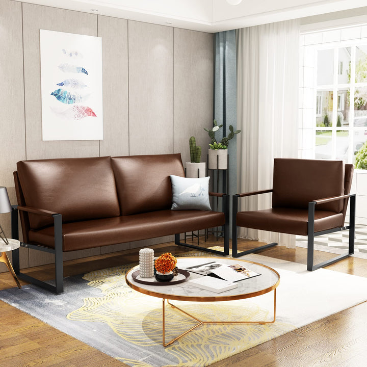Lamerge Mid-Century Retro Modern Living Room Sofa Set with Loveseat and Seating Sofa Chair, Upholstered Couch and Accent Chair with Armrest, Living Room Set for Small Space, APT, Office (Orange)