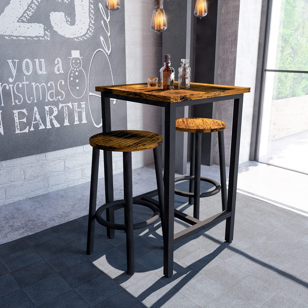 Hooseng Bar Table Set, 3 Piece Dining Table Set, Breakfast Bar Table for 2, Rectangle Kitchen Table Set with Steel Frame Pub Table for Small Space, Farmhouse, Cafe, Kitchen, Dining, Rustic Brown