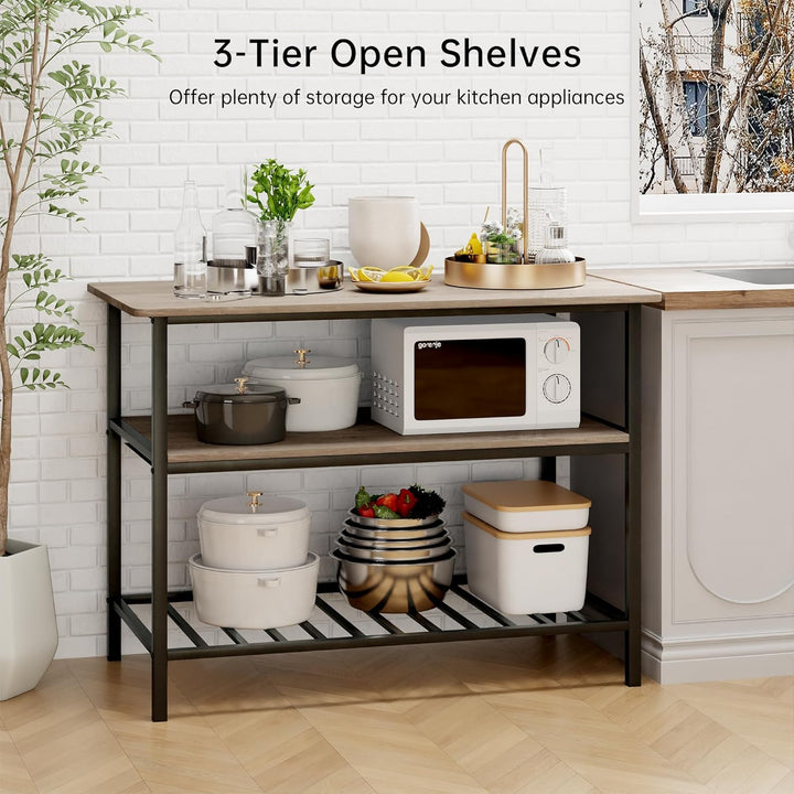 Lamerge Kitchen Island Table Set, 3 Piece Kitchen Island with Seating and Storage, Dining Table and Chairs Set for 2 with 3 Shelves, Wooden Height Counter Bar Table Set for Small Space, Grey