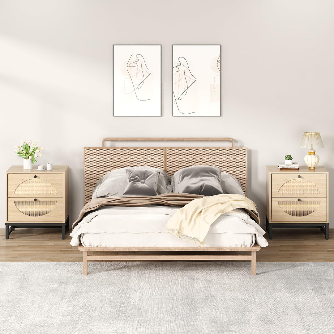 Lamerge Rattan Nightstands Set of 2, Boho Night Stands with Drawers & Metal Leg,Wood Bed Side Tables End Table for Bedroom, Living Room-Beige