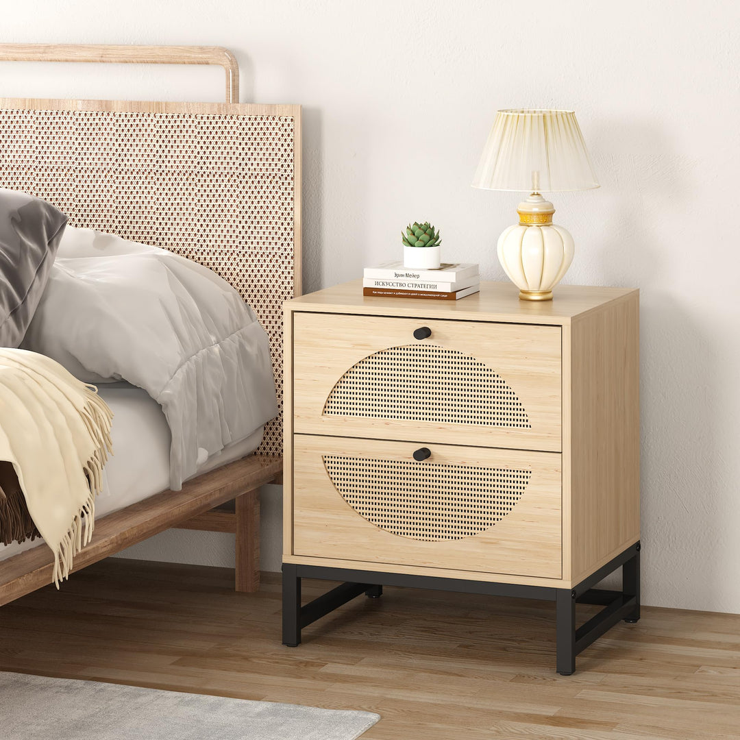 Lamerge Rattan Nightstands Set of 2, Boho Night Stands with Drawers & Metal Leg,Wood Bed Side Tables End Table for Bedroom, Living Room-Beige