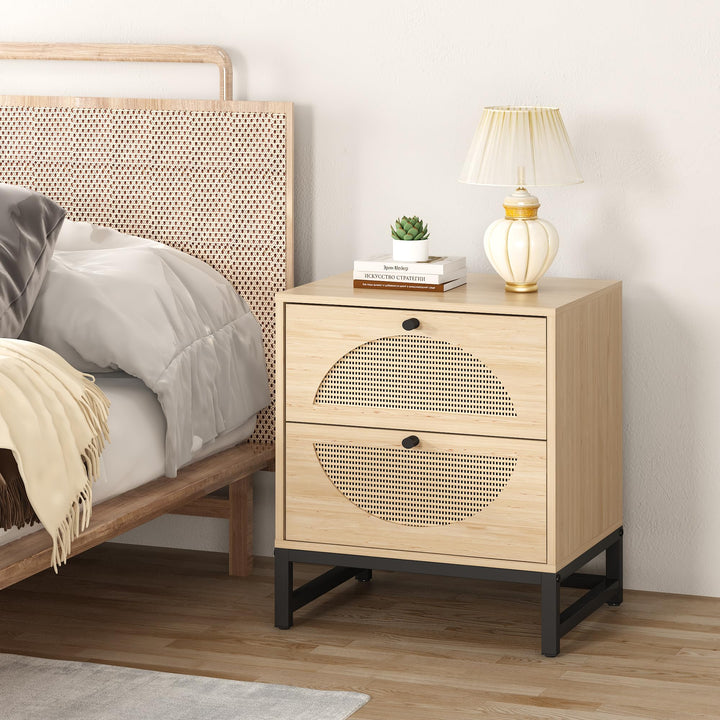 Lamerge Rattan Nightstands Set of 2, Boho Night Stands with Drawers & Metal Leg,Wood Bed Side Tables End Table for Bedroom, Living Room-Beige