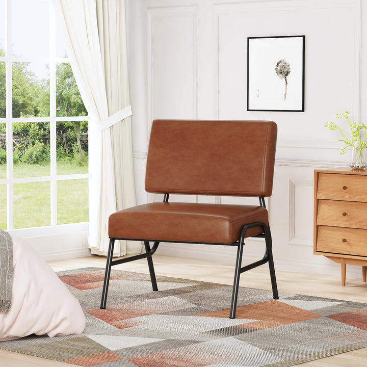 Lamerge Faux Leather Accent Chair Set of 2,Mid Century Modern Armless Accent Chair with Metal Legs & Soft Padded,Living Room Chairs Set of 2,Reading Chair for Bedroom/Office,Brown