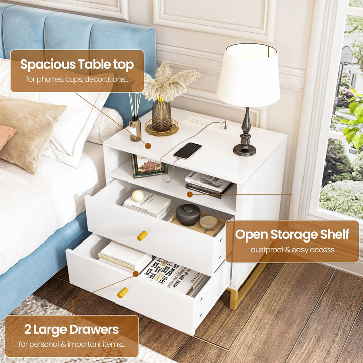 Lamerge Rattan Nightstands Set of 2, Boho Night Stands with Drawers & Metal Leg,Wood Bed Side Tables End Table for Bedroom, Living Room-Beige