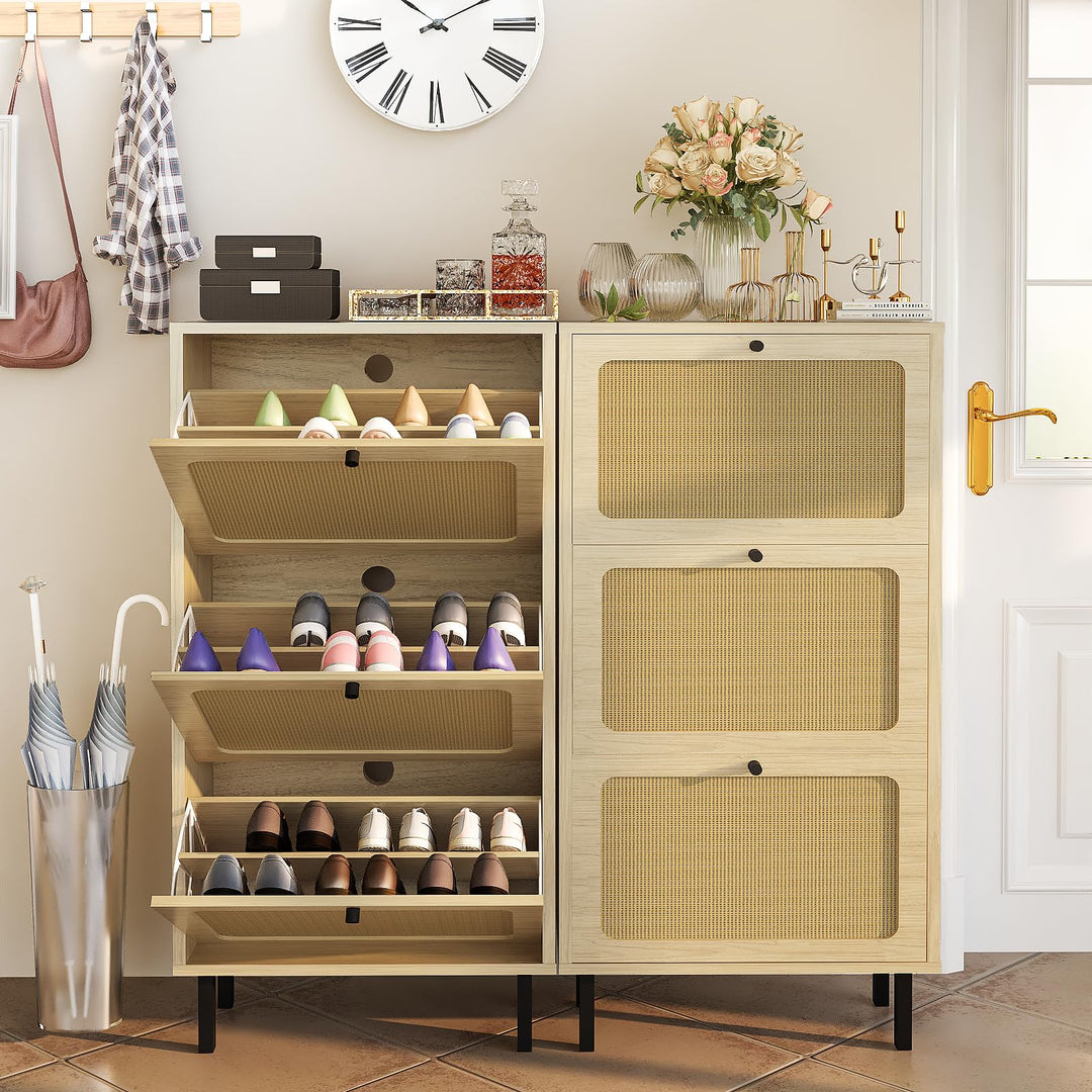 Hooseng Shoe Cabinet, Free Standing Shoe Rack Organizer with 3 Rattan Flip Drawers, Narrow Slim Hidden Shoe Storage Cabinet for Entryway, Hallway, 18 Pairs of Shoes, Heels, Boots, Slippers, Natural