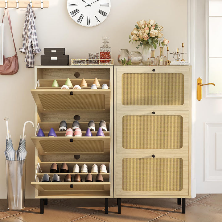 Hooseng Shoe Cabinet, Free Standing Shoe Rack Organizer with 3 Rattan Flip Drawers, Narrow Slim Hidden Shoe Storage Cabinet for Entryway, Hallway, 18 Pairs of Shoes, Heels, Boots, Slippers, Natural