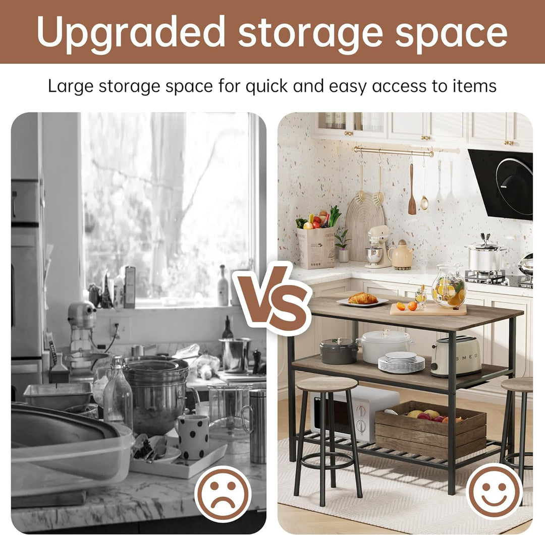 Lamerge Kitchen Island Table Set, 3 Piece Kitchen Island with Seating and Storage, Dining Table and Chairs Set for 2 with 3 Shelves, Wooden Height Counter Bar Table Set for Small Space, Grey