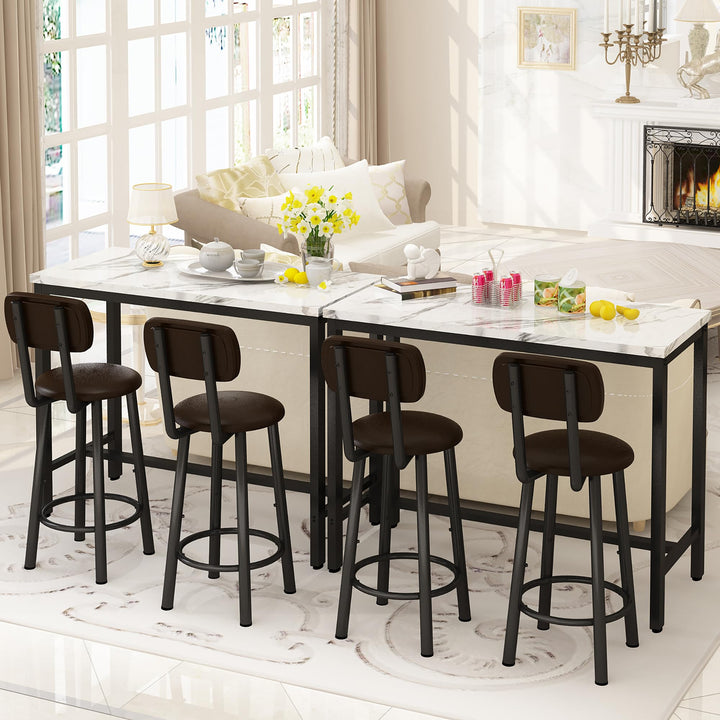 Lamerge Pub Height Set for 4,Kitchen Dining Set with 2 Bar Table Table and 4 PU Leather Stools with Backrest,Faux Marble Table Breakfast Table for Small Space,White & Black & Brown