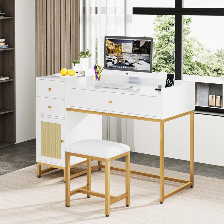 Lamerge Makeup Vanity Desk with Stool, Rattan Makeup Table Vanity Table Set with Power Outlet,Dressing Table with Drawers & Cabinet, Makeup Desk for Bedroom,Women, Girls, White+Gold