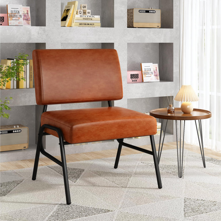 Lamerge Faux Leather Accent Chair Set of 2,Mid Century Modern Armless Accent Chair with Metal Legs & Soft Padded,Living Room Chairs Set of 2,Reading Chair for Bedroom/Office,Brown