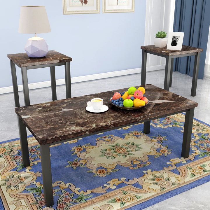 Hooseng 3 Piece Coffee Table Set, Faux Marble Tabletop Style with Black Metal Frame Sofa Side Tables Perfect for Living Room Accent Furniture,Includes Table & 2 End Tables, Brown