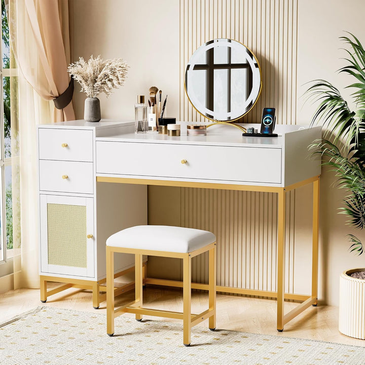 Lamerge Makeup Vanity Desk with Stool, Rattan Makeup Table Vanity Table Set with Power Outlet,Dressing Table with Drawers & Cabinet, Makeup Desk for Bedroom,Women, Girls, White+Gold