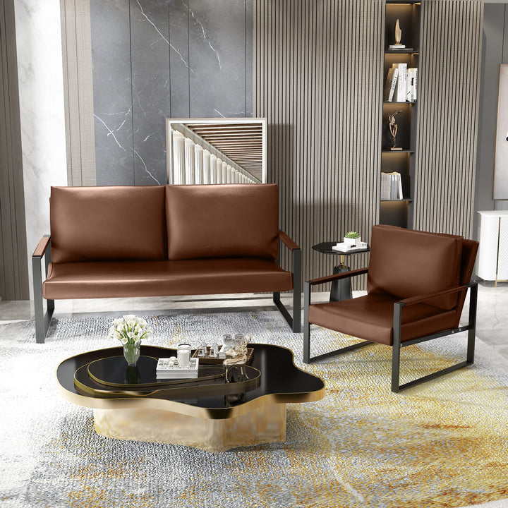 Lamerge Mid-Century Retro Modern Living Room Sofa Set with Loveseat and Seating Sofa Chair, Upholstered Couch and Accent Chair with Armrest, Living Room Set for Small Space, APT, Office (Orange)