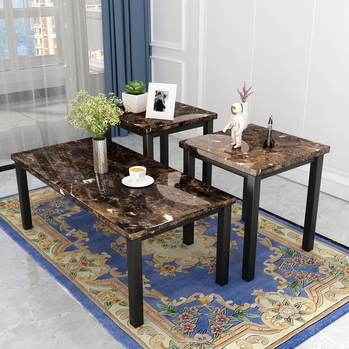 Hooseng Living Room Coffee Table Set-3pcs Faux Marble Living Room Furniture / 2 Side End Tables-Night Stand & Metal Frame-Rectangle, White