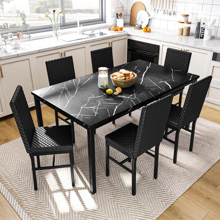 7-Piece Dining Table Set with Faux Marble Table Top