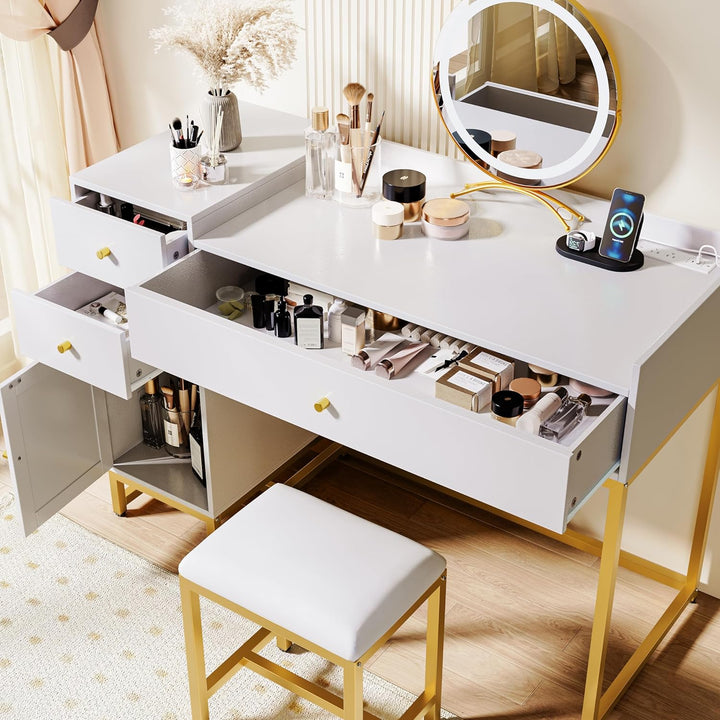 Lamerge Makeup Vanity Desk with Stool, Rattan Makeup Table Vanity Table Set with Power Outlet,Dressing Table with Drawers & Cabinet, Makeup Desk for Bedroom,Women, Girls, White+Gold